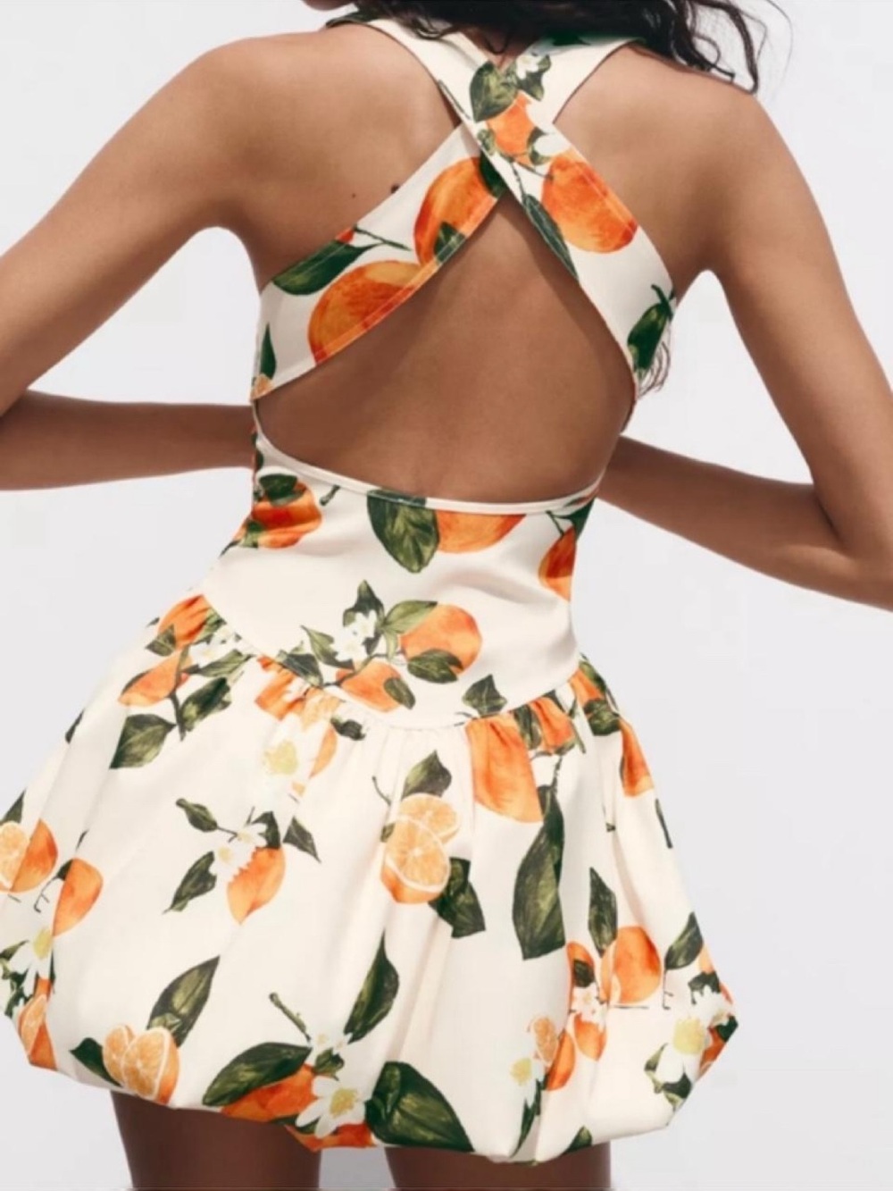 Zara Floral Orange Print Open-Back Mini balloon Dress size Medium NWT